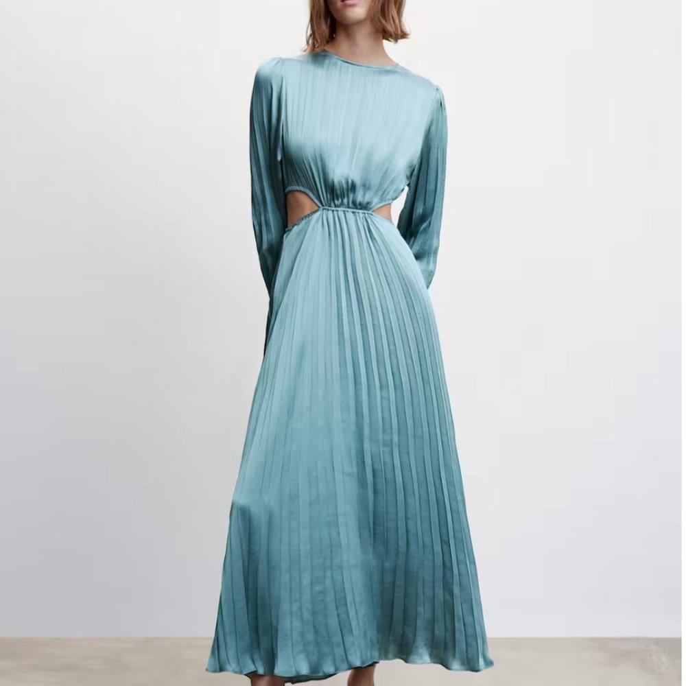 Mango Seafoam Green Pleated Long-Sleeve Midi Dress